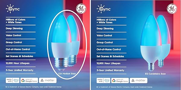 GE CYNC SMART LED LIGHT BULBS, COLOR CHANGING DECORATIVE LIGHT BULBS, INDOOR WIFI LIGHTS, MATTER COMPATIBLE, COMPATIBLE WITH ALEXA AND GOOGLE HOME, MEDIUM BASE (3 PACK)