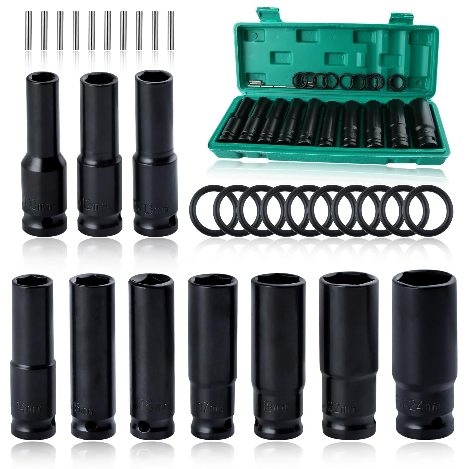 SPEEDWOX 10pcs 1/2" Drive Deep Impact Socket Set Metric Socket Set 10-24 mm, Deep Sockets, 6 Point 1/2 Inch Drive 6 Point Impact Socket Set with A Storage Case 1/2" Drive Socket Set