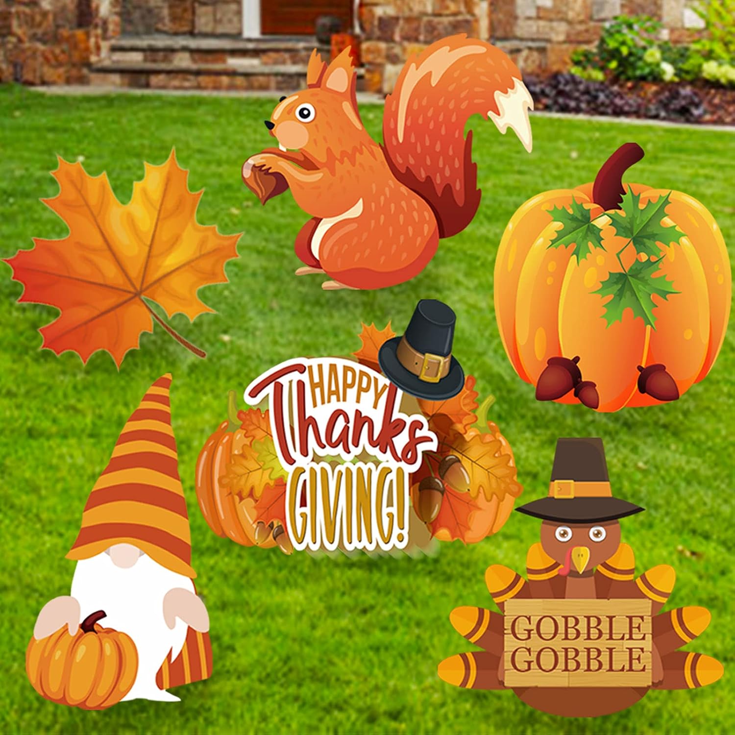 Yard Signs - Thanksgiving Yard Signs Stakes Outdoor Decorations - 6PCS Fall Lawn Decorations Signs - Maple, Squirrel, Turkey, Gnome, Pumpkin Corrugated Yard Decorations for Fall Thanksgiving Decorations Outside