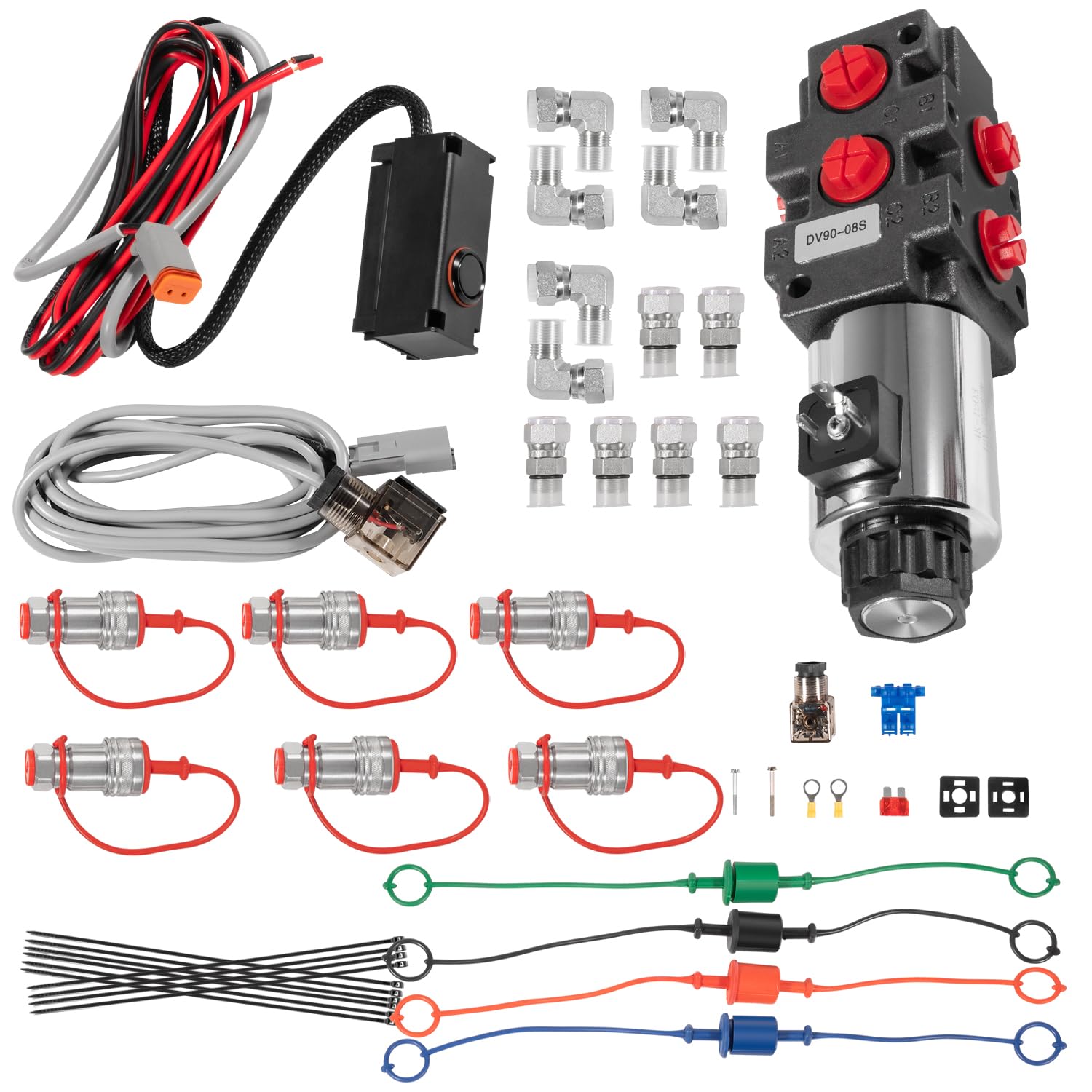 Photo 1 of 24 GPM Hydraulic Multiplier Diverter Selector Solenoid Valve, 6 Port, 3625 Max PSI, 12VDC, with Switch, Extension Harness, Ag Coupler Adapters For Most Tractors, Up To 3 Additional Functions