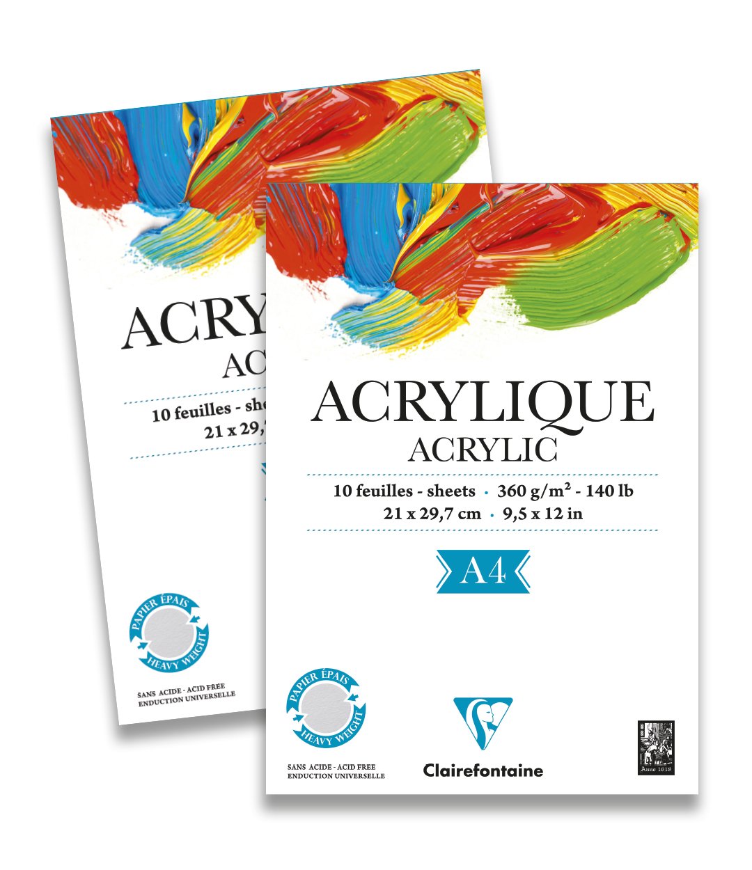 Clairefontaine - Ref 96308C - Acrylic Paper Pad (10 Sheets) - A4 (210 x 297mm) in Size, 360gsm Paper, Acid Free, pH Neutral - Suitable for Use With Acrylic & Gouache Paints