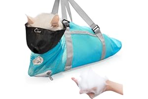 Cinf Cat Bathing Bag(Free Muzzle) Breathable Mesh Anti Scratch Adjustable Cat Grooming Bag for Nail Trimming, Bathing Soft Cat Washing Bag(Light Blue) M