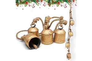 RW REPLICA WAREHOUSE Harmony Country Style Shabby Chic Vintage Christmas Decor Mantle Wreath Lucky Charm Rustic Decorative Bell 4 Hanging Bells, Brass Gold Cowbells with Jute Rope