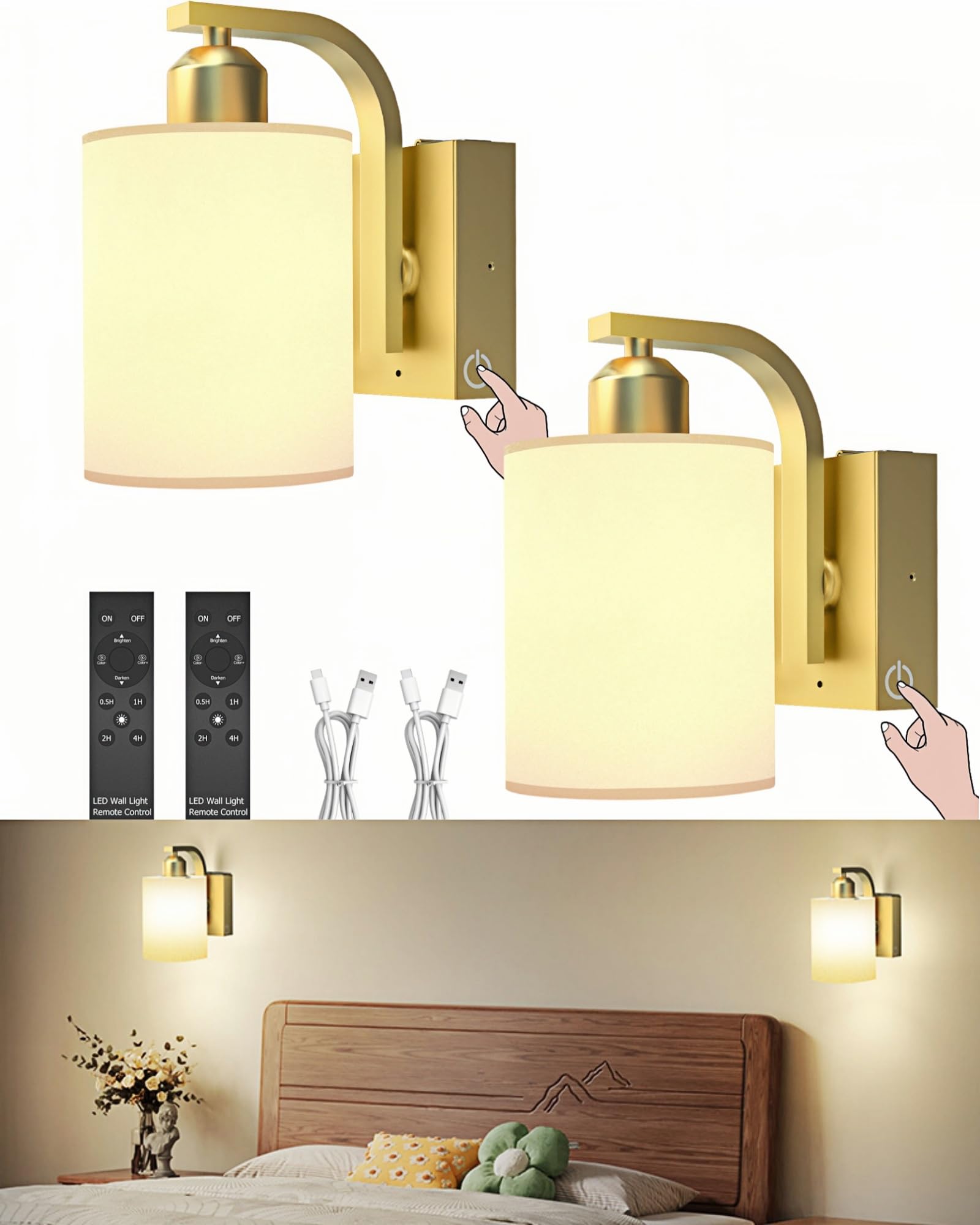 Photo 1 of iThird Battery Operated Wall Sconces Set of 2: 6000mAh Rechargeable Wall Light with Touch and Remote, Wireless Wall Lamp for Bedroom, Gold Modern Cordless Wall Scones for Living Room Hallway Bathroom