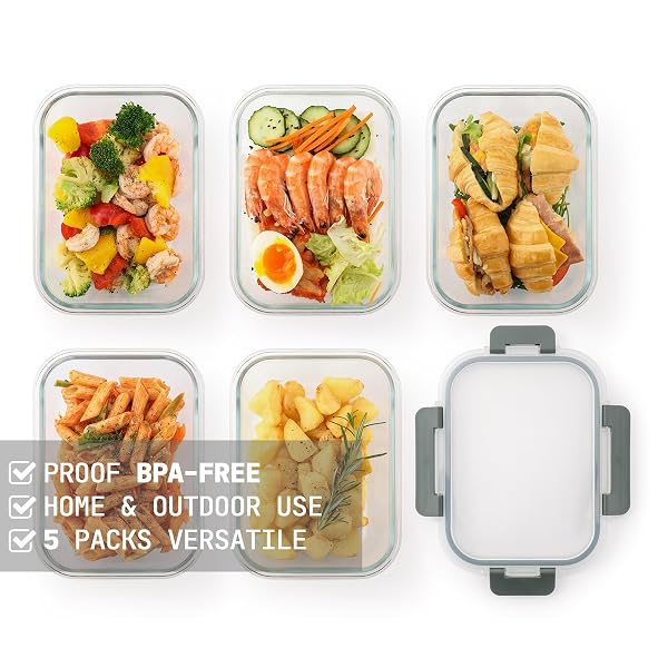 CUISELECT 5 PACK 36 OZ GLASS MEAL PREP CONTAINERS WITH LIDS, REUSABLE GLASS FOOD STORAGE AIRTIGHT LUNCH CONTAINERS WITH LIDS, LEAK PROOF, MICROWAVE, OVEN, FREEZER AND DISHWASHER SAFE (GRAY)