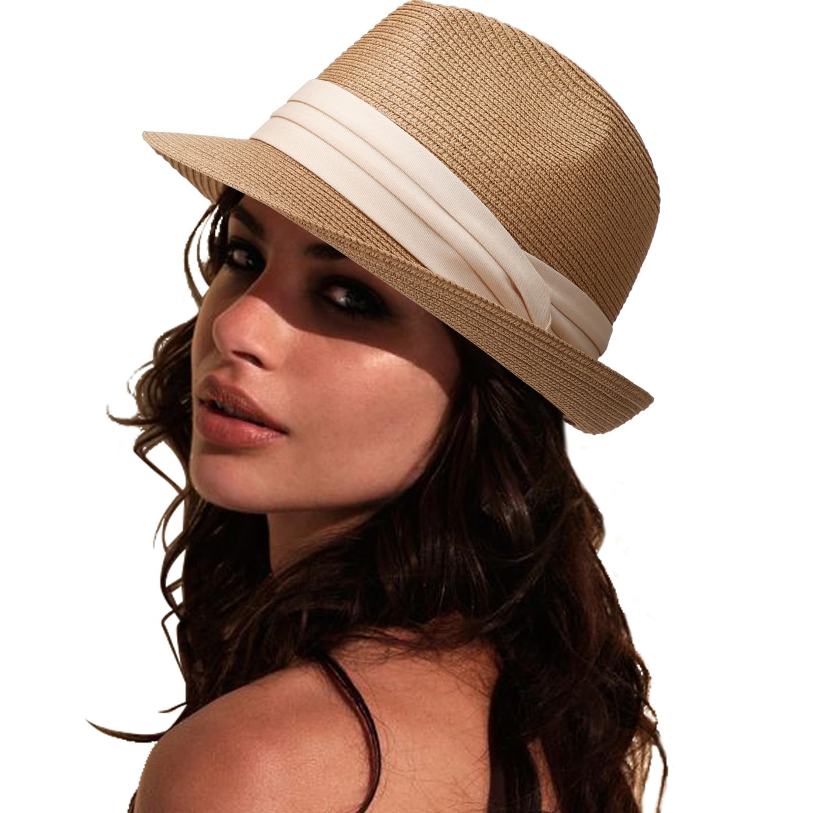 Photo 1 of DRESHOW Women Straw Sun Hat Short Brim Panama Travel Fedora Beach Cap Roll Up Summer Hat for Men UPF 50+