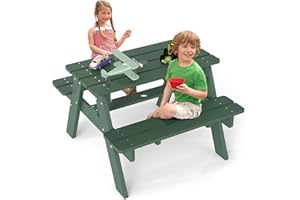 FOOWIN Kids Picnic Table, HDPE All Weather Toddler Picnic Table, Kids Outdoor Table and Chair Set w/Umbrella Hole for Patio, Backyard, Garden, Lawn, Dark Green