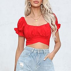 COOUFE Women's Crop Tops Ruffle Short Sleeve Tie
