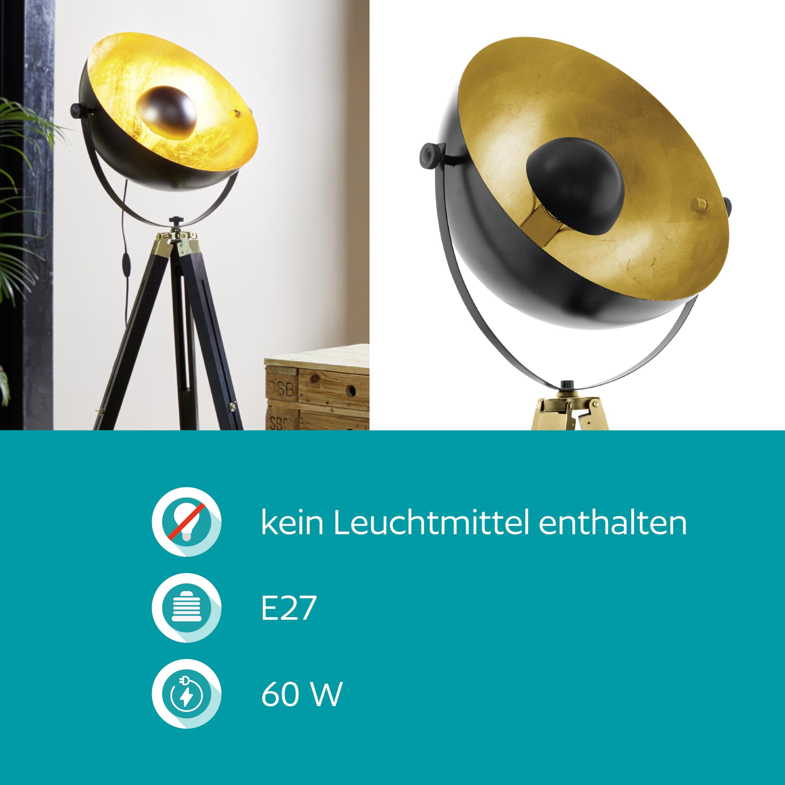 EGLO Stehlampe Covaleda, Stehleuchte Industrial, Vintage Standleuchte aus Holz und Stahl, Wohnzimmerlampe in Schwarz, Gold und Messing, Lampe mit Schalter, E27 Fassung 5