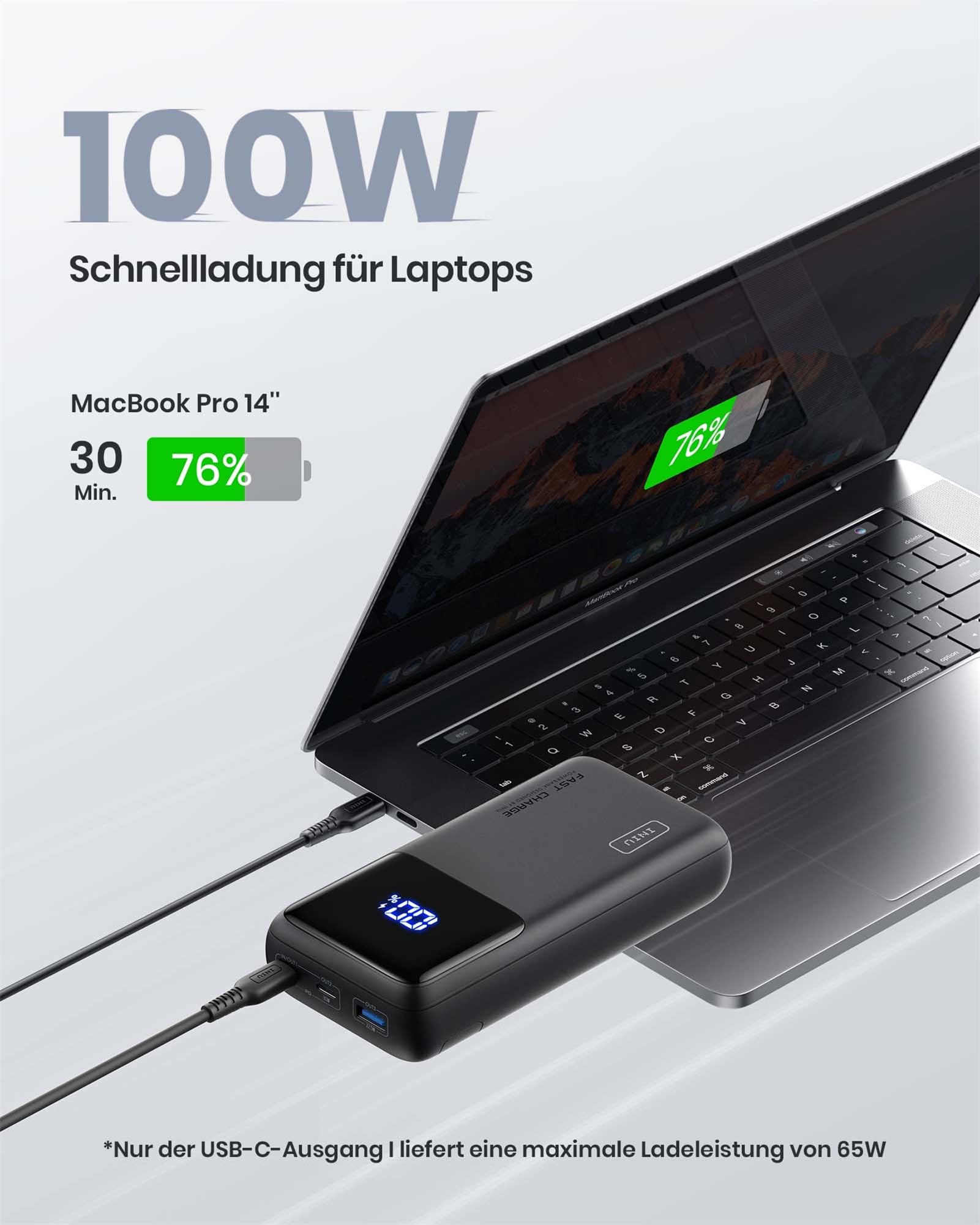 INIU 25000mAh Laptop Power Bank, Kompakt 100W Schnellladung mit USB C Kabel 8