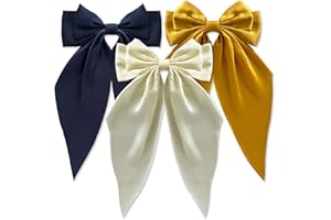 Loqpol 3 PCS Silky Satin Hair Bows, Oversized Long Tail Bows with Barrette Clips, Coquette Hair Accessories for Women and Girls (Yellow - Navy Blue - Beige)