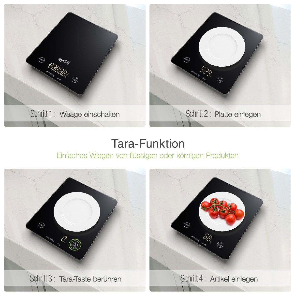 Housmile Digitale Küchenwaage, Elektronische Waage, Professionelle Waage mit hohe Präzision 5kg/1g, Sicherheitsglas mit LCD Display und Berührungsknopf, inkl. AAA-Batterien, ideal für Kochen, Backen, Briefemessen und Diätmachen, Schwarz