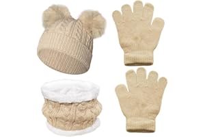 Kids Winter Hat Scarf Gloves Set Children Warm Knit Fleece Lined Pompom Hat Thick Beanie Hats Gloves for Girls Boys