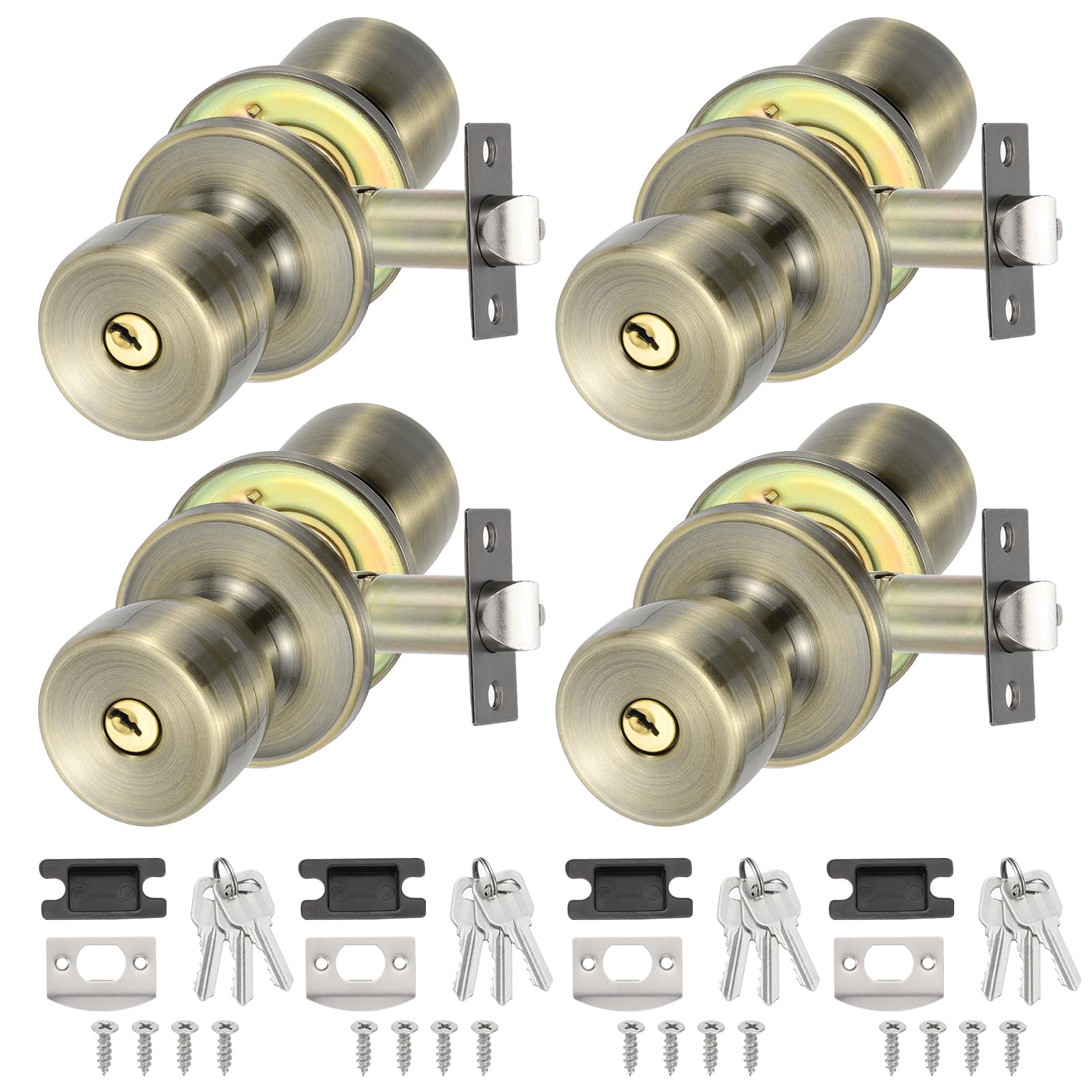 PATIKIL Key Entry Door Knobs Interior, 4 Pack Round Zinc Alloy Bedroom Bathroom Door Knob with Lock Entry Indoor Outdoor Door, Bronze