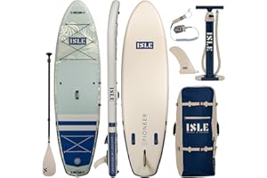 ISLE SURF AND SUP ISLE Pioneer Inflatable Stand Up Paddle Board, Incl. Coil Leash, Touring Center Fin, Backpack, Hand Pump, Paddle - Beginner Friendly SUP