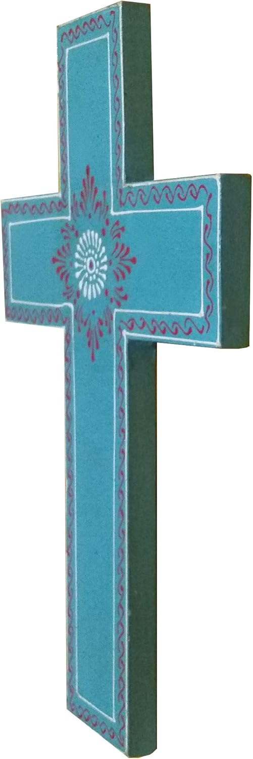 Purpledip Wooden Wall Cross 'Breath Of Life': Handpainted Mangowood Plaque, Blue (11446D), 25.4L x 16.5W cm - Image 4