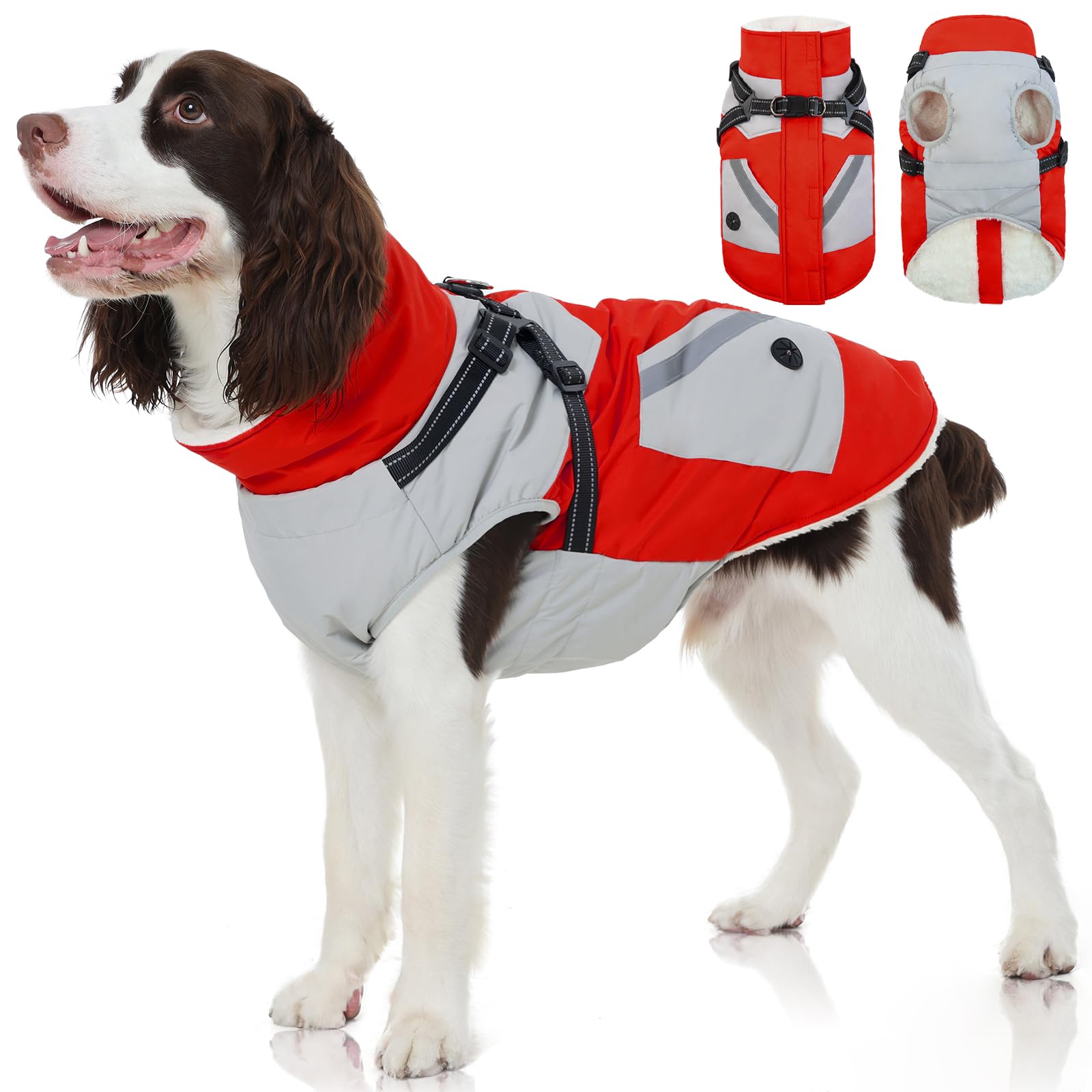 FUAMEY Dog Winter Jackets for Large Dogs,Dog Coat with Harness Built in,Waterproof Dogs Snowsuits Warm Pet Jacket Zip Up Fleece Cold Weather Coats Reflective Puppy Vest with Pocket Red XL Image