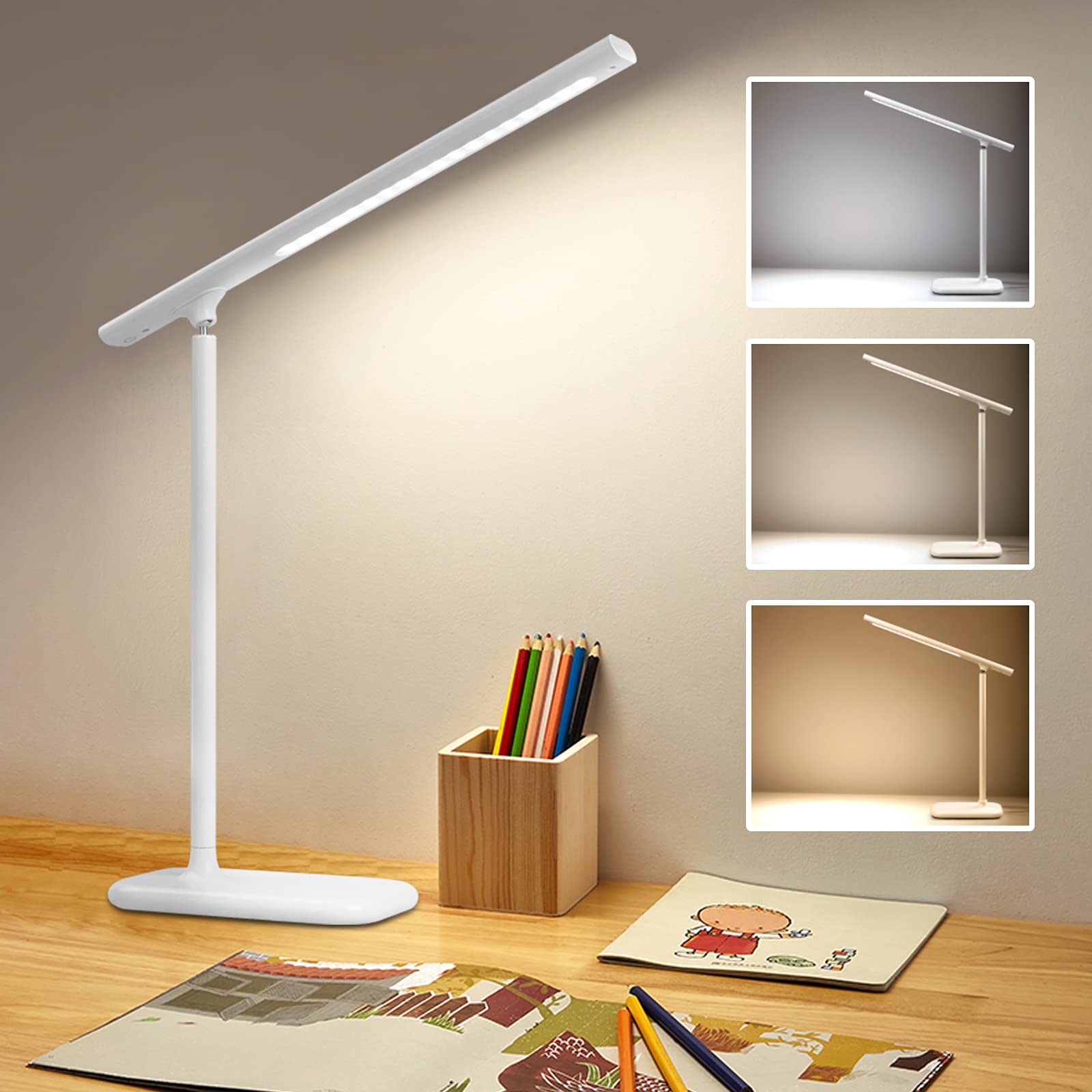 ALUOCYI White LED Desk Lamp for home office, Eye-Caring Table Lamps,Touch Dimmable Desk Light with USB Charging Port, 3 Brightness Levels, Mobile Magnetic Lighting for kids,girls,boys,student,Reading