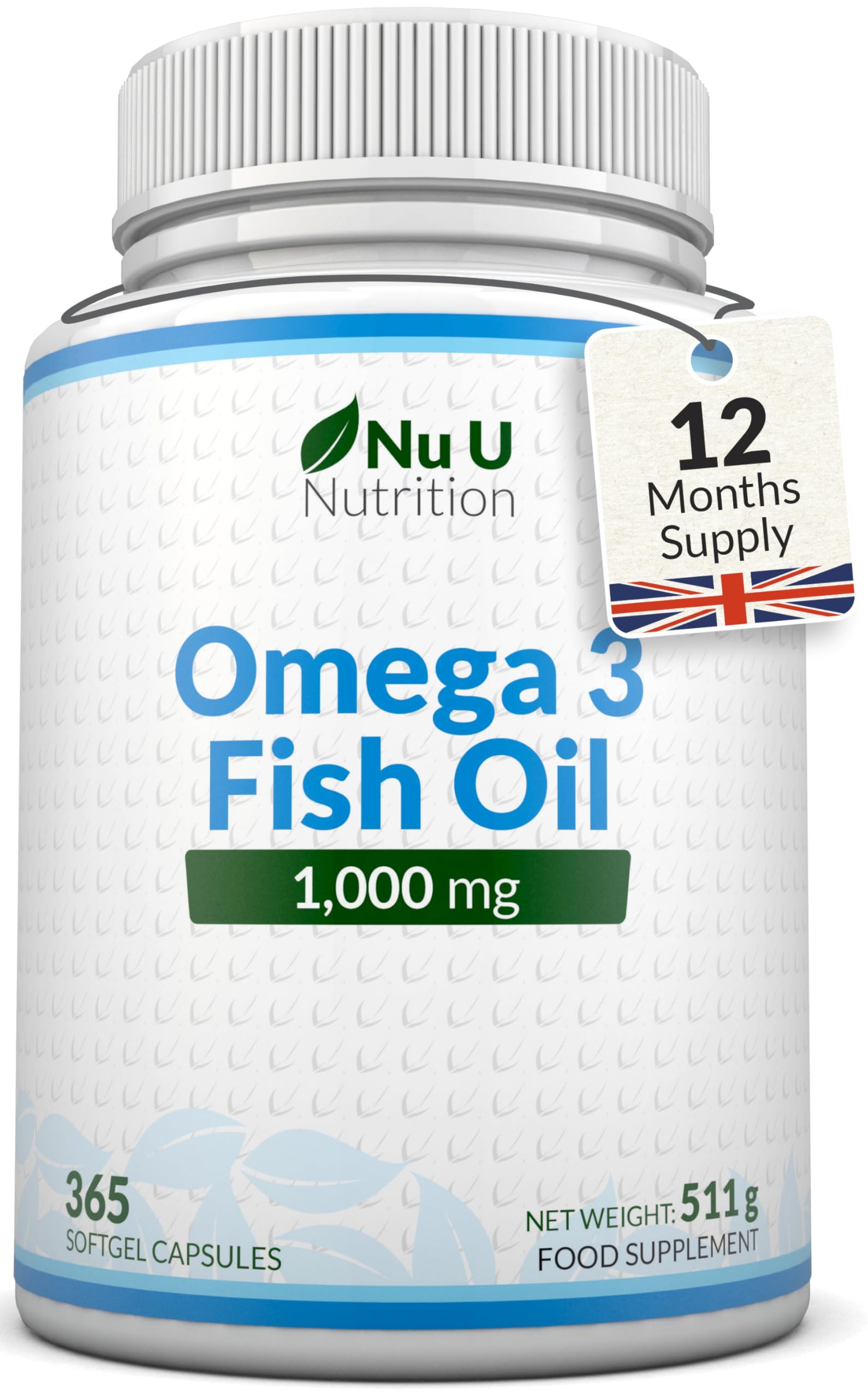 Nu U Nutrition - Omega 3 Fish Oil 1000mg - 365 Softgels (12-Month Supply) High Strength Triglyceride Form Omega3 with 540mg EPA & 360mg DHA per Serving - Wild Caught Fishoil - Not from Cod Liver Oil