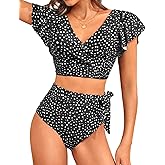 Aqua Eve Ruffle Bikini High Waisted Swimsuit - Women Two Piece Bathing Suit Tummy Control Bikini Set