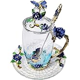 LANTREE Glass Coffee Mug Birthday Christmas Gift for Women Mom Sister Girlfriend Coworker Flower Butterfly Tea Cup Antique Coffee Mug with Lid Spoon Saucer(Tall Blue)