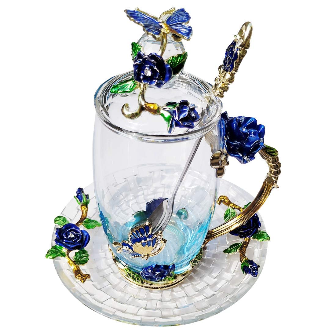 LANTREE Glass Coffee Mug Tea Cup with Spoon Lid Saucer Housewarming Mother's Valentine's Day Gift(350ml Blue)