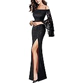 VFSHOW Womens Off Shoulder Bell Sleeve Formal Evening Wedding Party Maxi Dress
