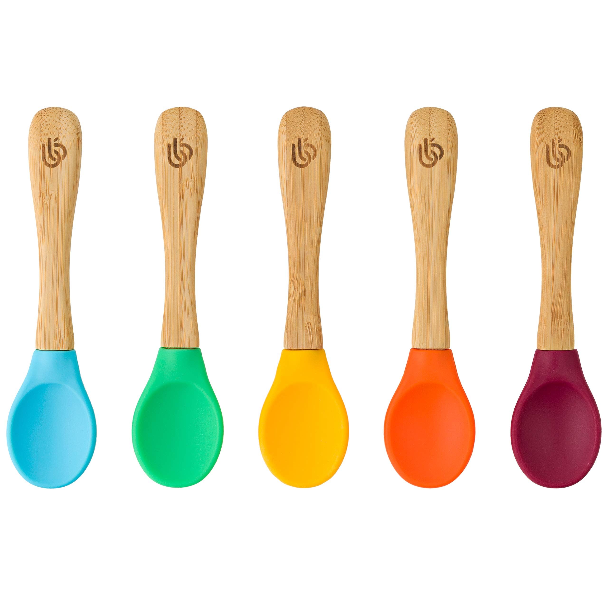 bamboo bamboo ® Baby Weaning Spoons Set of 5 | Bamboo with Soft Silicone Tips | Ergonomic Easy Grip Handles | BPA-Free (Set of 5)