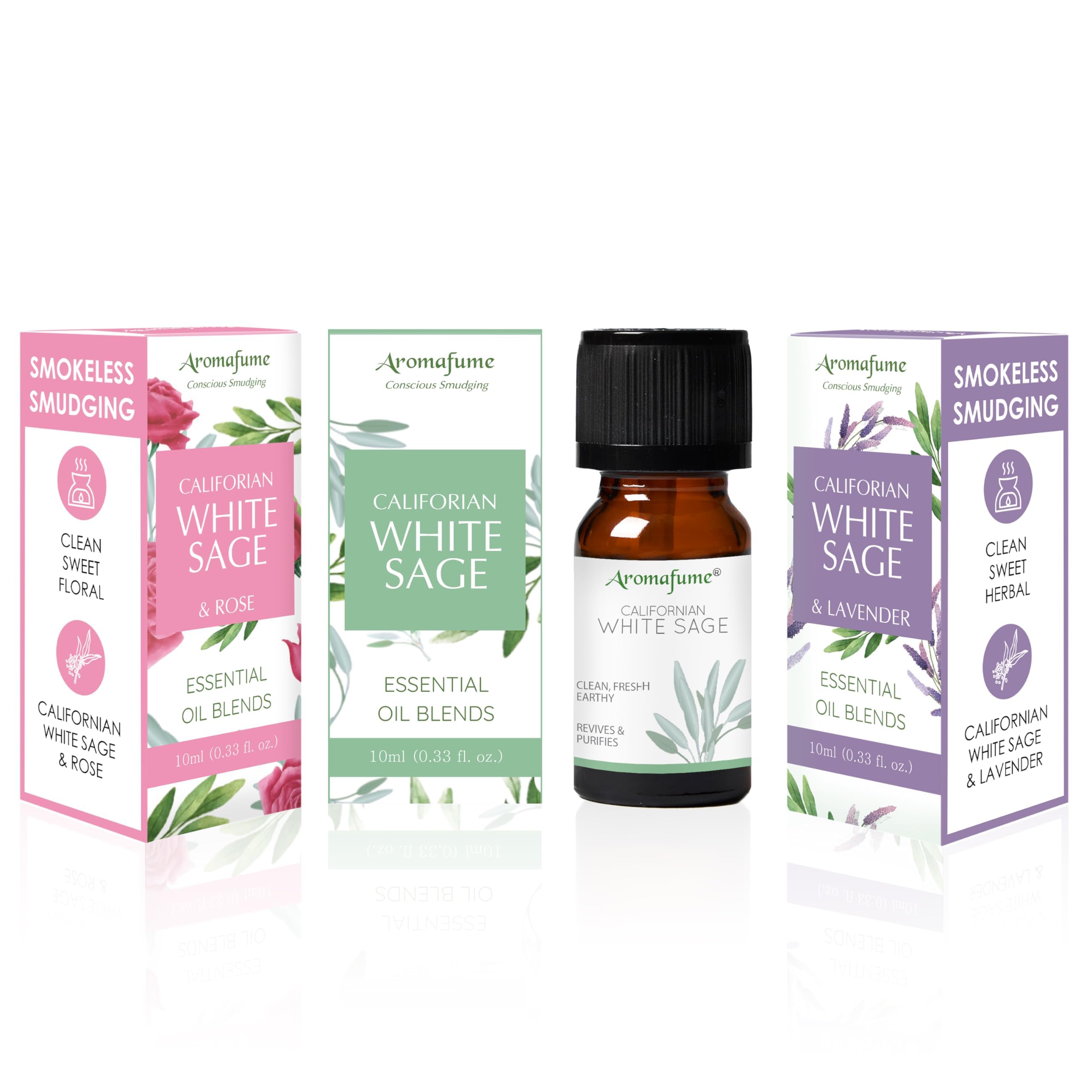 White Sage & Lavender, White Sage & Rose Essential Oil Diffuser Blend by Aromafume | 3 x 10ml | Essential Oil Blend | Smoke-Free, Non Toxic Alternative to Smudging