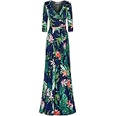Bon Rosy Women's 3/4 Sleeve V-Neck Printed Maxi Faux Wrap Dress 179 Navy Pink S