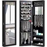 Giantex Wall Mounted Jewelry Cabinet with Full Length Mirror, Over The Door Jewelry Armoire Organizer with Large Storage, Makeup Mirror & Velvet Lining (Black)