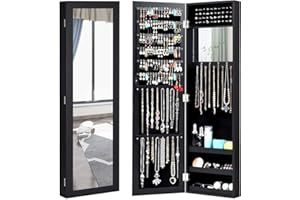 Giantex Wall Mounted Jewelry Cabinet with Full Length Mirror, Over The Door Jewelry Armoire Organizer with Large Storage, Makeup Mirror & Velvet Lining (Black)