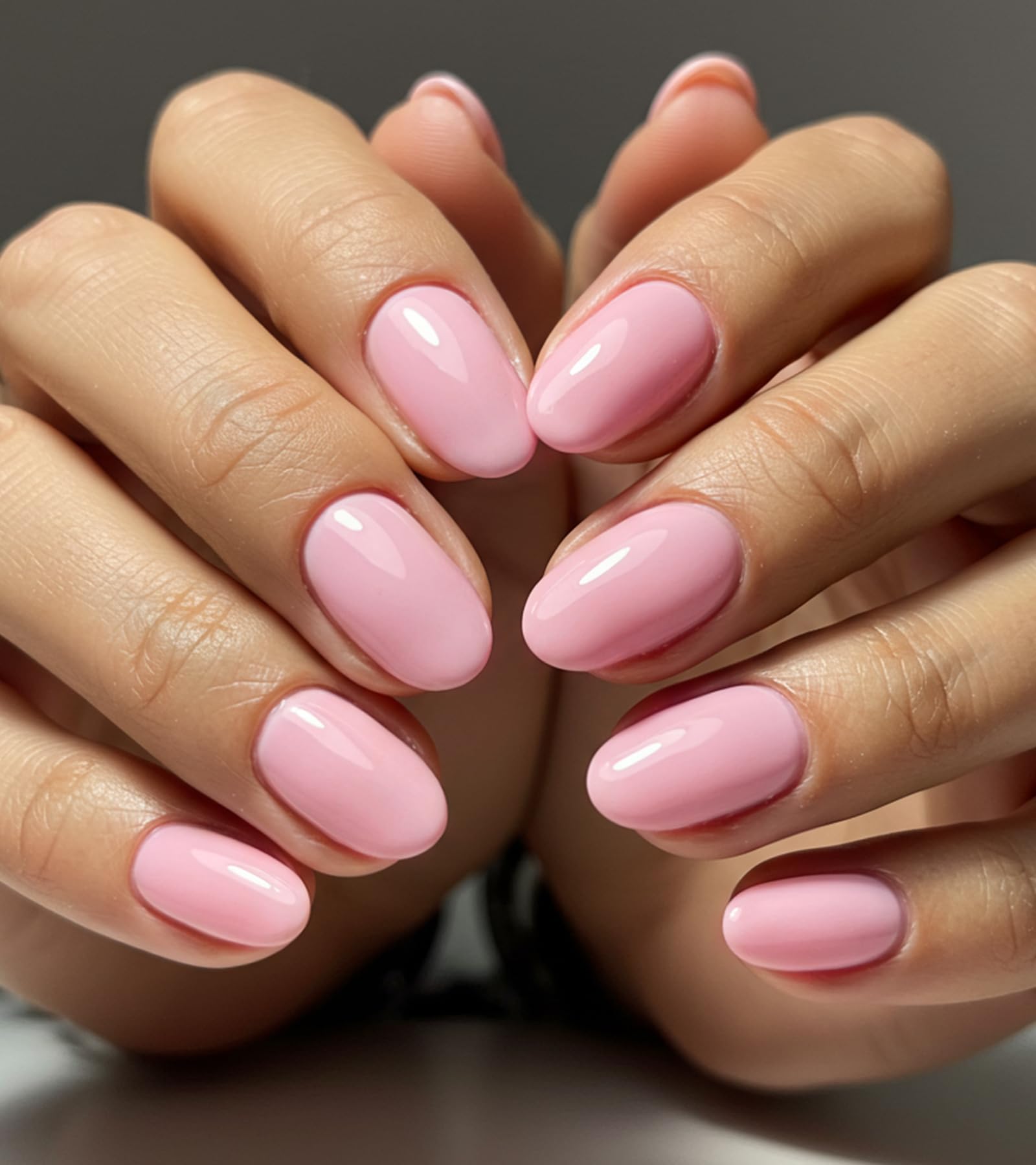 Photo 1 of Morily Pink Press on Nails - Glossy Short Oval Fake Stick on Nails, Reusable Full Cover Artificial False Fingernails for Women, 24 Pcs in 12 Sizes