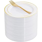 WELLIFE 60 PCS Gold Plastic Dessert Plates and 60 PCS Forks, 6.3 inch Disposable Salad Plates, Premium White Appetizer Plates with Gold Rims, Perfect for Party and Wedding