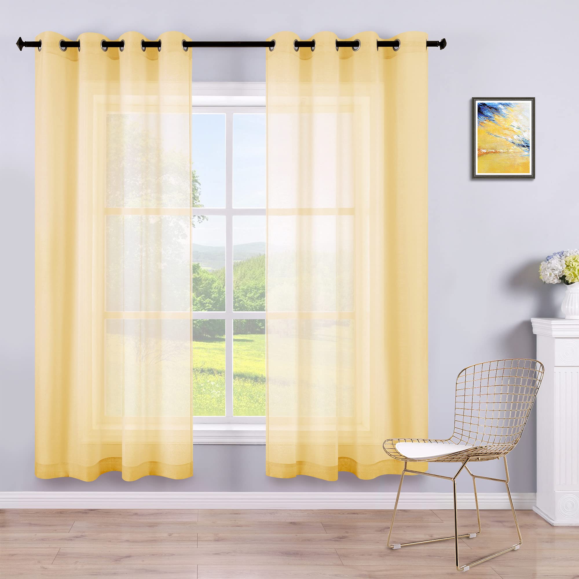 KOUFALL Yellow Curtains for Living Room 63 Inch Length 2 Panel Set,Semi Sheer Grommet Pop Color Spring Curtains for Dining Room Kitchen Window