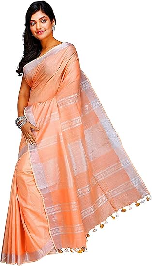 Womens Linen Viscose Peach Color Floral Thread Zari Work Saree With Unstiched Blouse Piece