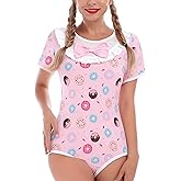 ABAFIP Women's Cute Print Romper Pajama Bodysuit Bowknot Short Sleeve One Piece Leotard Nightwear Top
