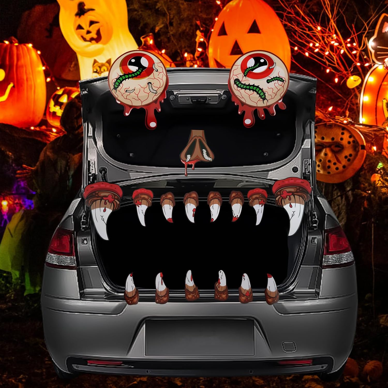 Garage Door Decorations - LACE INN Halloween Trunk Or Treat Car Archway Garage Decoration Kit, Monster with Scary Fangs Large Eyes,Face Sticker Halloween Decorations for Outdoor, Indoor, Car Decor Etc (Light Red)