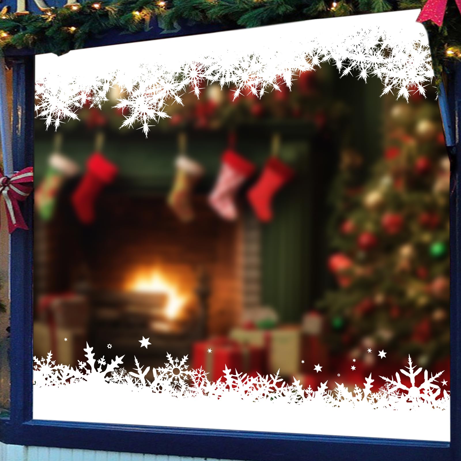 Christmas Long Fluffy Snowflake and Frost Border Window Clings Stickers,2 Sheets 4pcs 4m Extra Large Xmas Window Static Stickers,Christmas Winter Decoration Stick Wall Window Door Decal Sticker