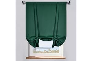 DONREN 63 Inches Long Adjustable Tie Up Shade & Curtain - Blackout Thermal Insulated Rod Pocket Panel for Small Window (42 W by 63 L,Dark Green,Set of 1)