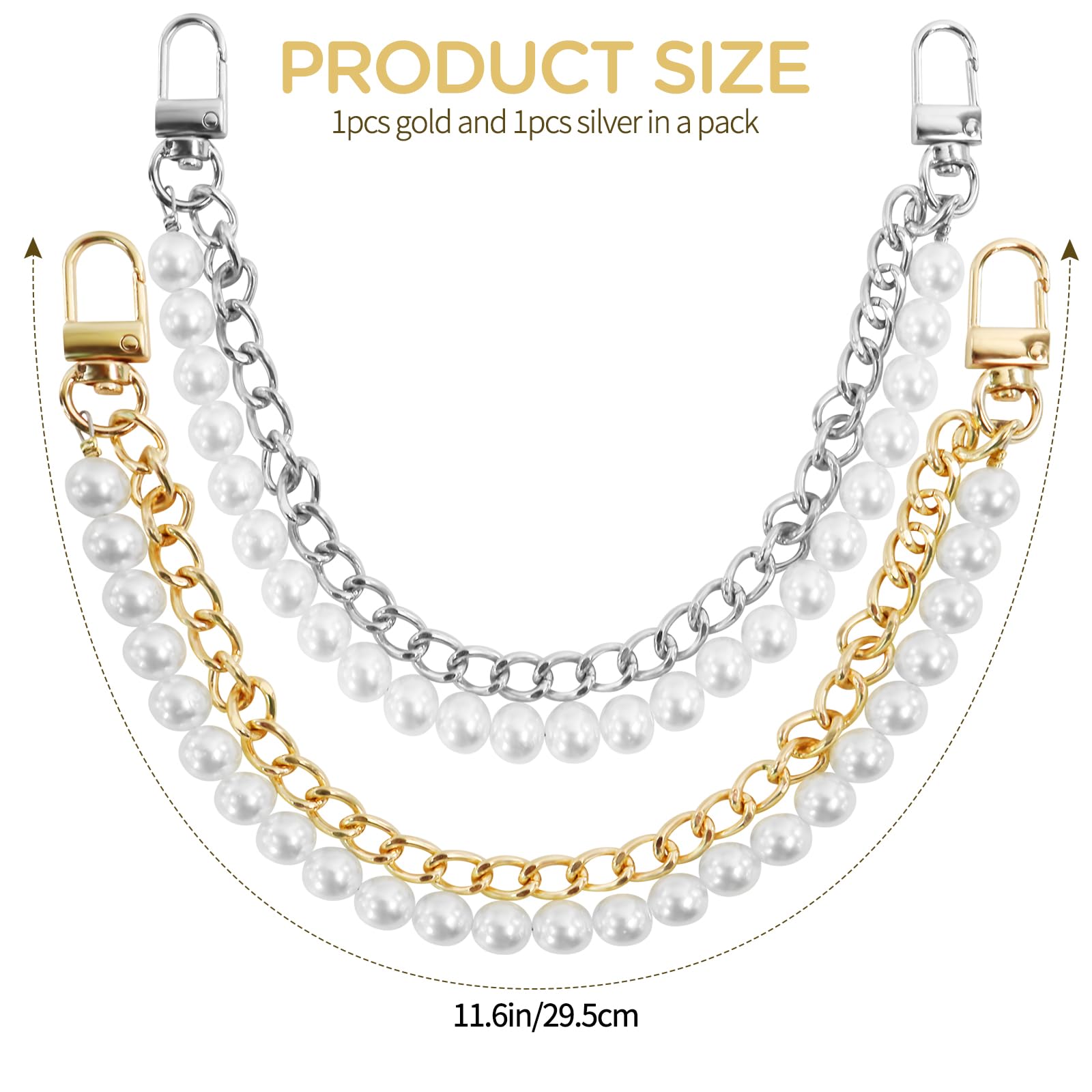 GAQWOK 2 Pcs Pearl Purse Chain Handbag Straps, Metal Shoulder Crossbody Bags Short Handle Replacement Bag Charm Chain, Purse Charms for Handbags(Gold and Silver)