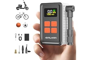 SAILHAPI Mini Bike Tire Pump (150PSI Fast Inflation with Guage) (Presta and Schrader Valve) Portable Electric Air Pump for Road and Mountain Bicycle, E-Bike, Motorcycle, Sports Ball
