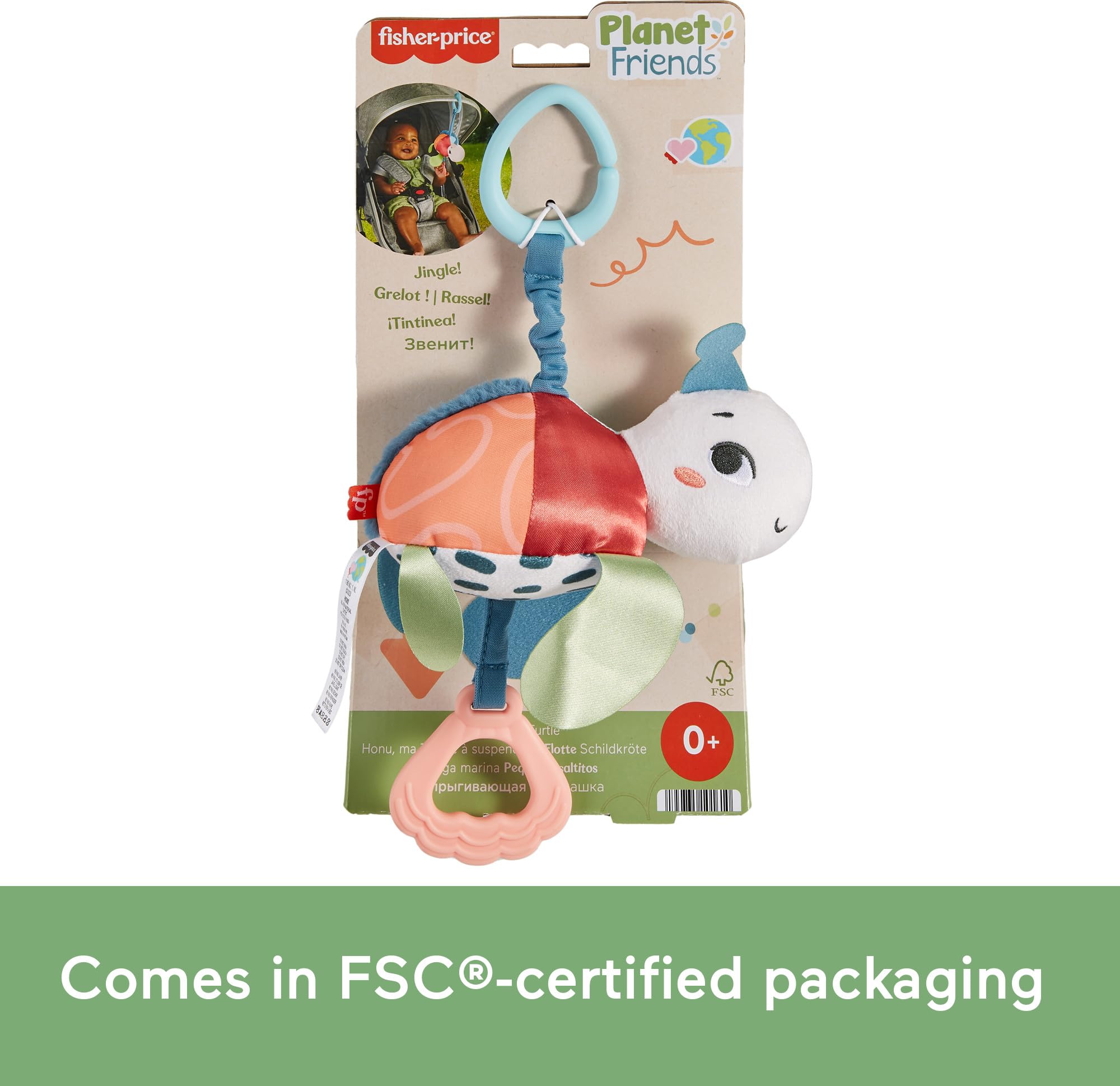 Fisher-Price Baby Stroller Toy Planet Friends Sea Me Bounce Turtle Plush with Teether, Motion & Sounds for Newborns Ages 0+ Months