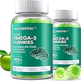 2 Pack Vegan Omega 3 Gummies 1000mg with Coq 10, Vitamin D3,E,C,Omega 3 Fish Oil Alternative for Adults, Plant Based DHA 550mg & EPA 275mg for Brain, Mobility, Eye, Sugar Free, 120 Count
