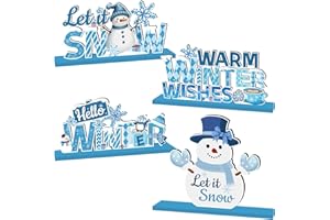 GINFTBRZGV 4pcs Winter Wonderland Decorations Wooden Table Decorations Let it Snow Winter Decorations Blue and White Snowflake Snowman Decor for Winter Holiday Table Decor
