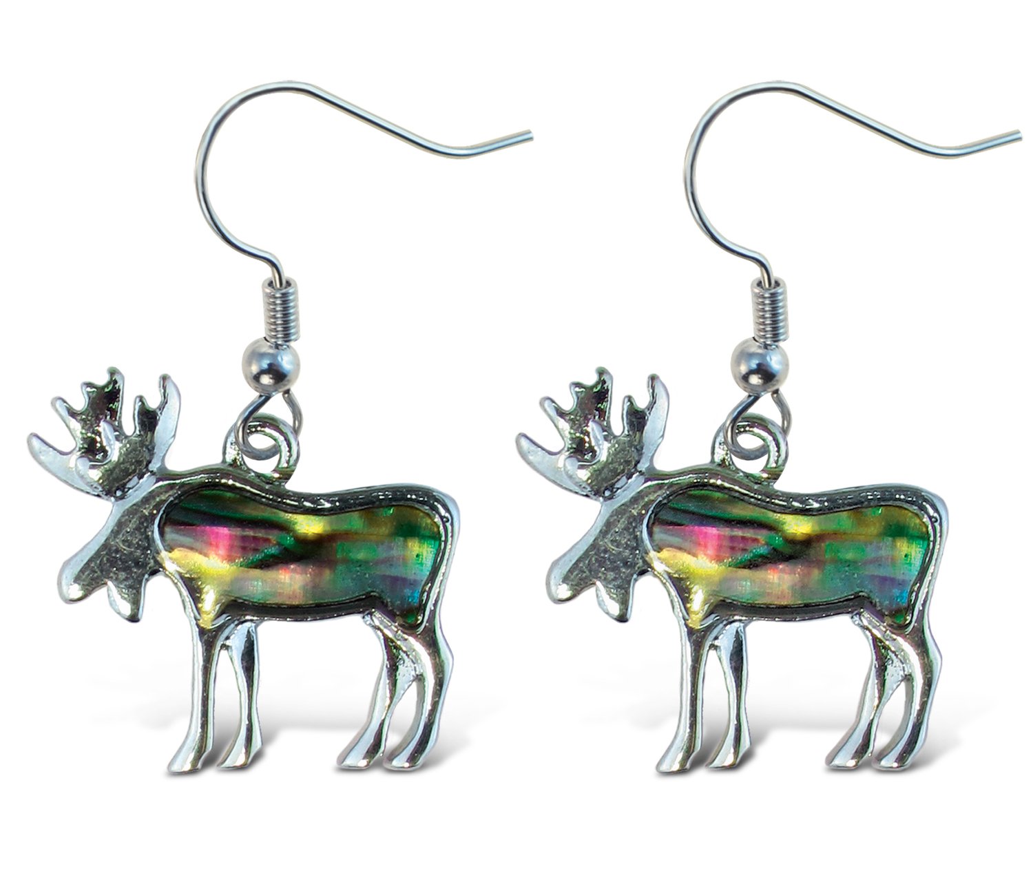 PuzzledMulti-Colored Moose Dangle Post Fish Hook Drop Earrings, 1 Inch Sparkling New Zealand Paua Shell Wildlife Mountain Animals Themed Ear Accessory (2 Pcs)