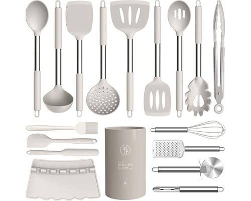 Amazon Com 10pcs Kitchen Utensil Set With Holder For Non Stick Cookware Silicone Spatula Set With Kitchen Utensil Holder Silicone Kitchen Set Silicone Cooking Utensils For Your Beautiful Kitchen Grey Home Kitchen