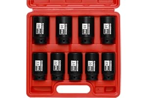 CASOMAN 1/2- Inch Drive Deep Spindle Axle Nut Impact Socket Set, 6 Point, CR-MO, Metric, 29mm-38mm, 9-Piece 1/2" Dr. Deep Imp