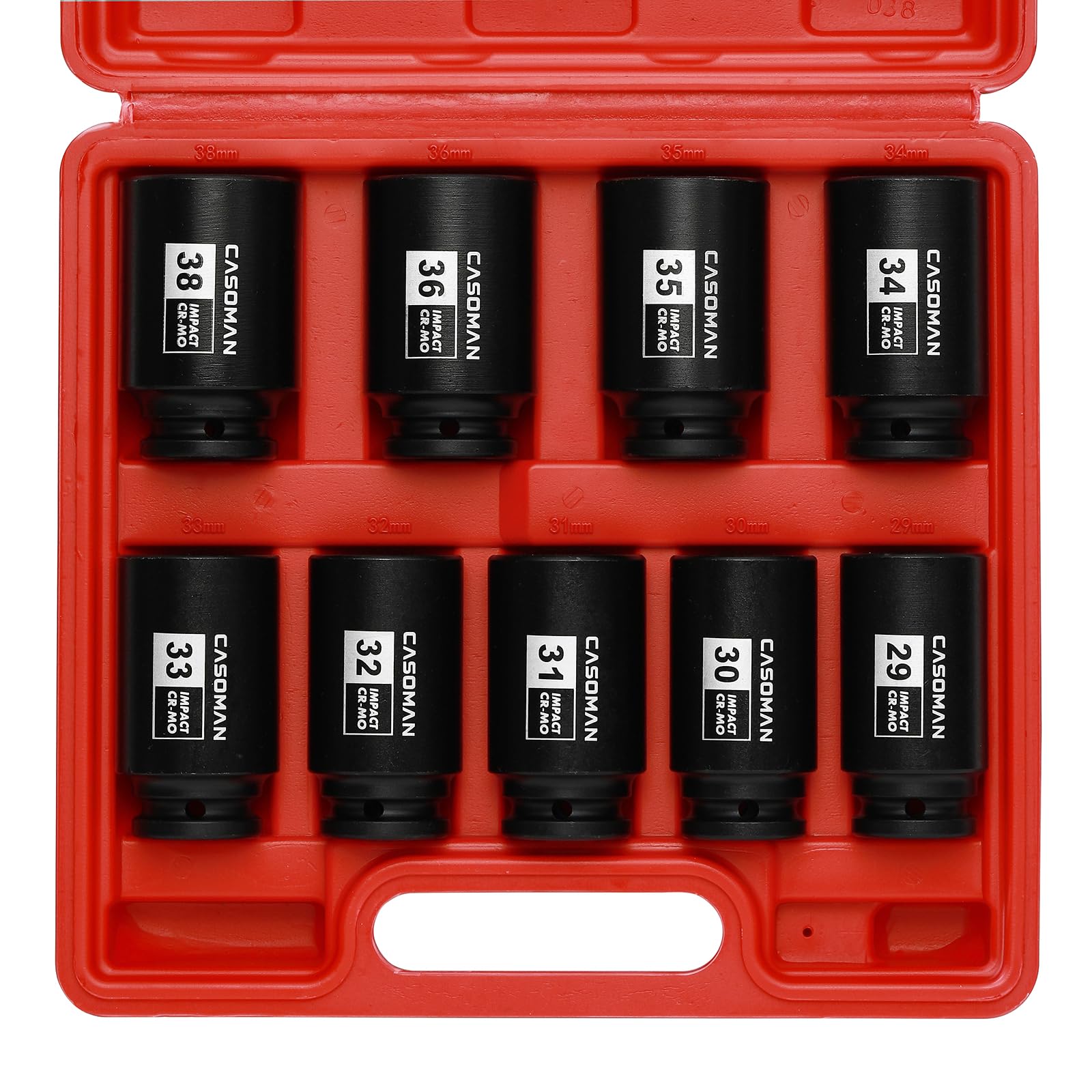 CASOMAN 1/2-Inch Drive Deep Spindle Axle Nut Impact Socket Set, 6-Point, CR-MO, Metric, 29mm-38mm, 9 Pieces 1/2" Dr. Deep Impact Socket Set