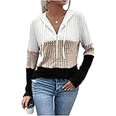 OYOANGLE Women's Color Block Ribbed Knit Hooded Shirt Long Sleeve Half Zip Drawstring Tee Tops